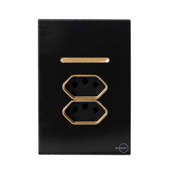 Conjunto Interruptor Simples + 2 Tomada 10a 4x2 - Novara Glass Preto Brilhante Gold